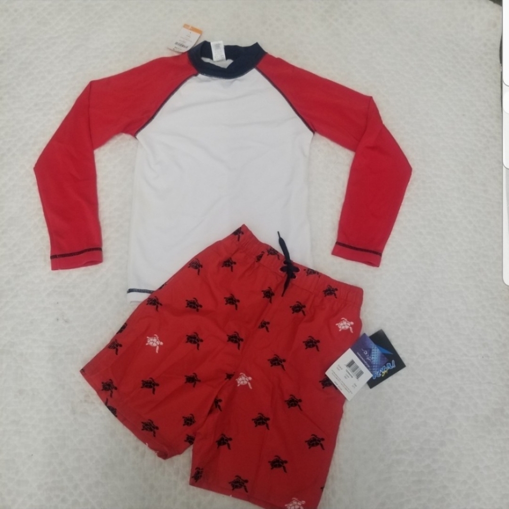 New with Tags boys size 7 red/white/navy accents swim rash guard and swim trunks